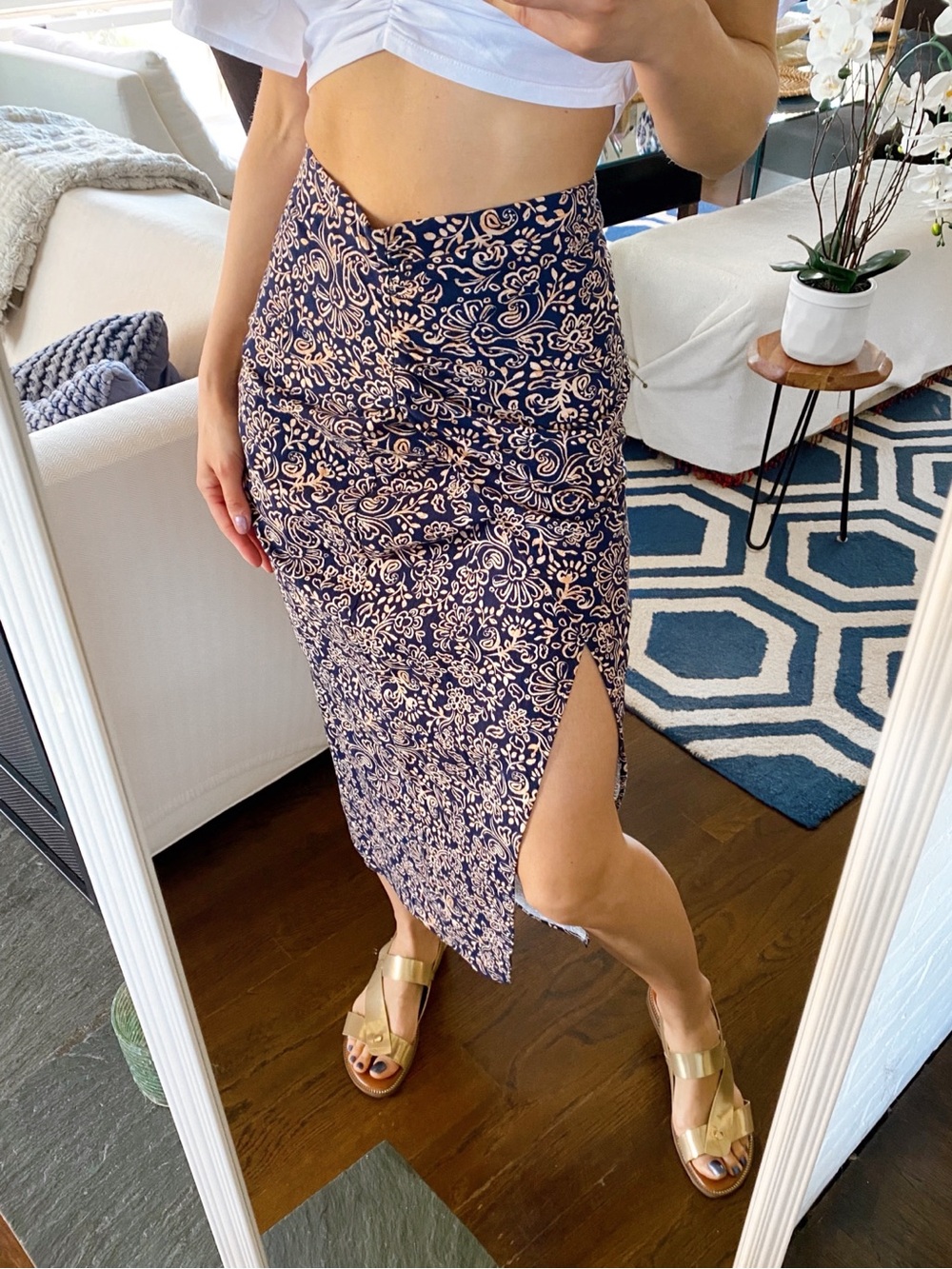 ZARA Navy Peach Floral Ruched Cotton Midi Skirt! 🐚 - Picture 3 of 16
